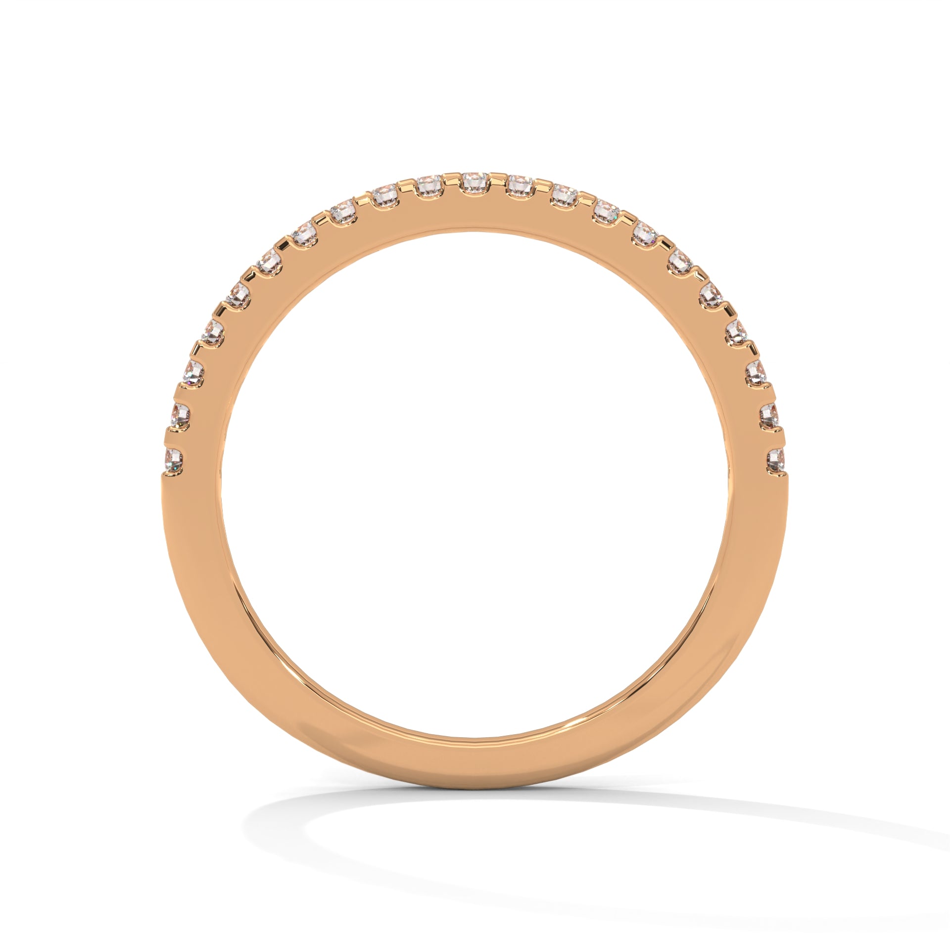 dainty round moissanite gold wedding band in 18K Rose gold