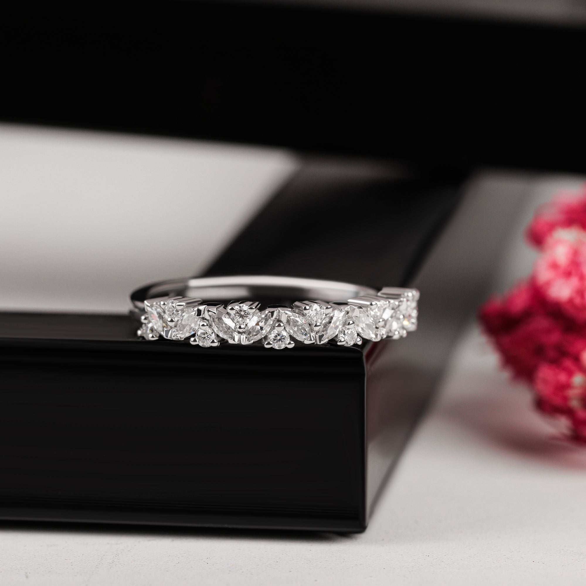 Marquise Cut Moissanite Half Eternity Wedding Band