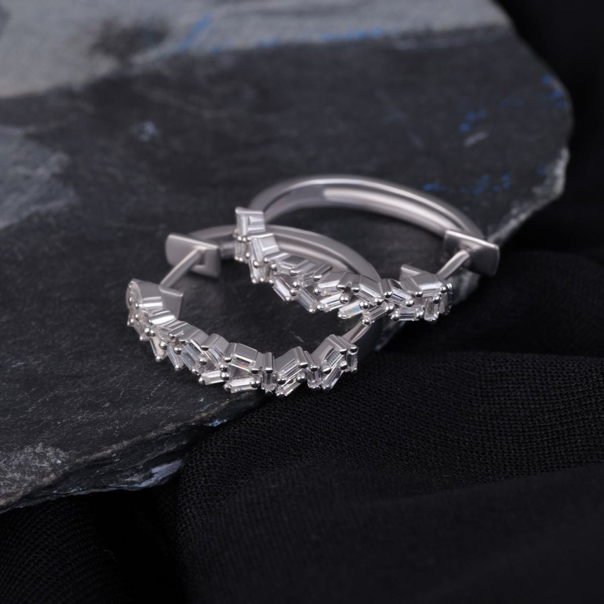Baguette Cut Lab Grown Diamond Cluster Huggie Hoop Earrings
