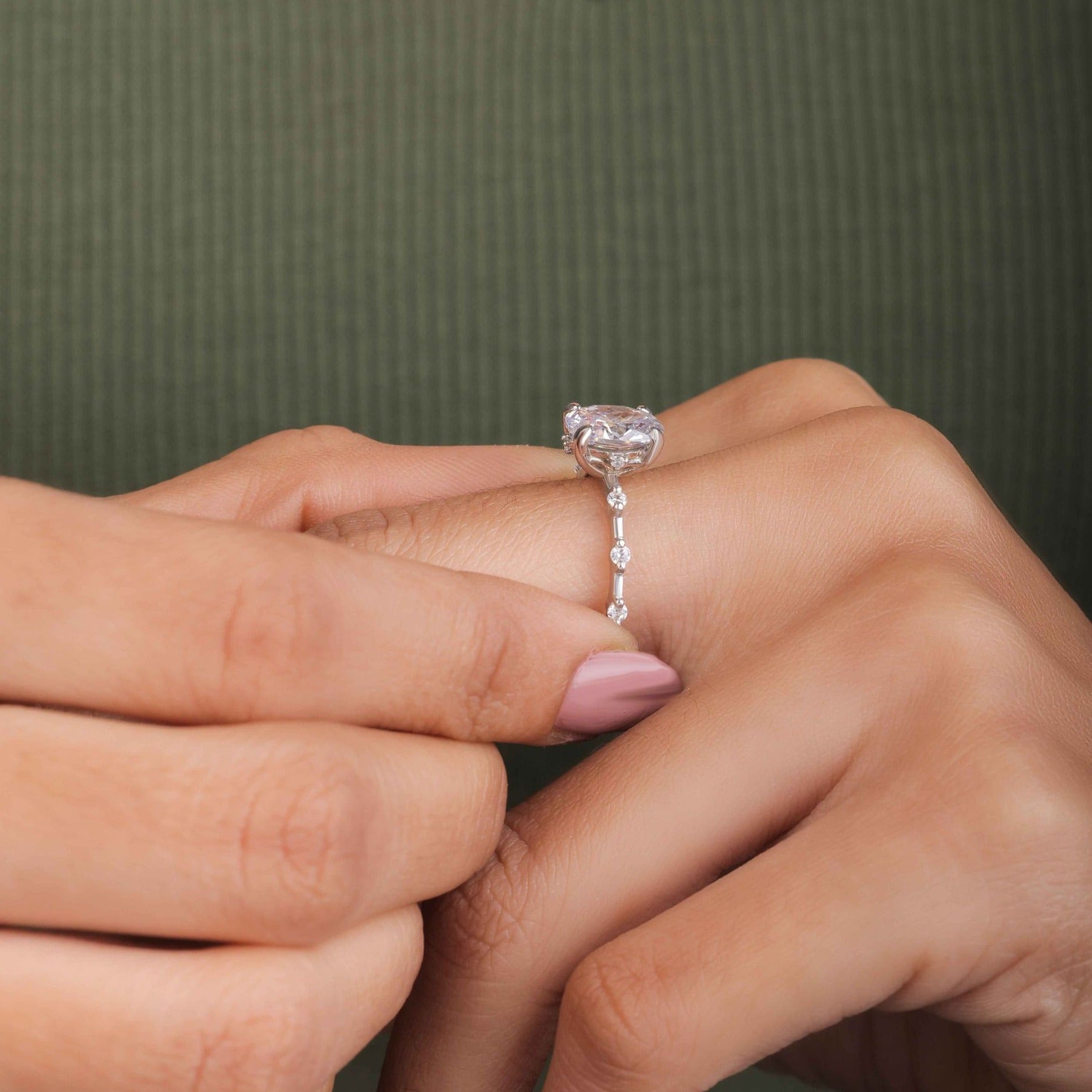 Oval Cut Unique Distance Pave Set Moissanite Engagement Ring with Surprise Diamond3