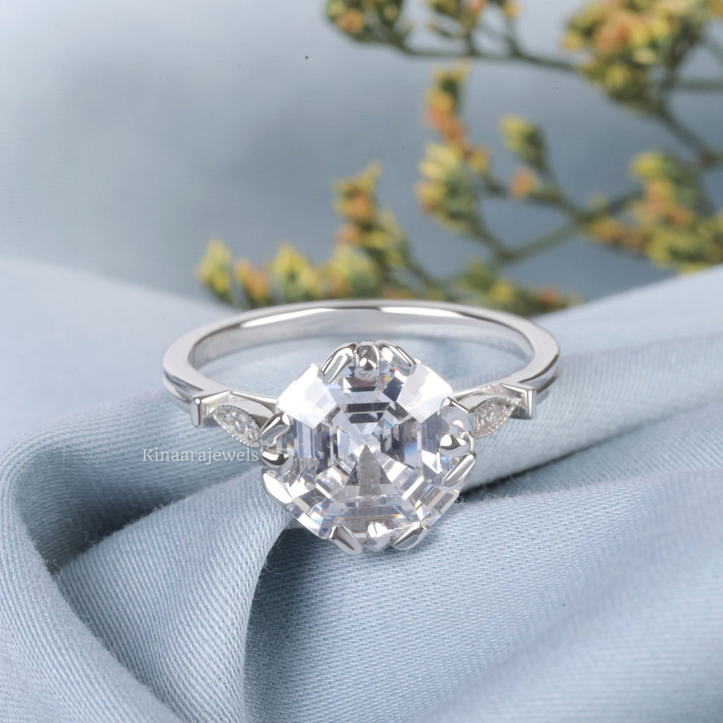 Asscher Cut Moissanite 14K Solid White Gold Engagement Ring