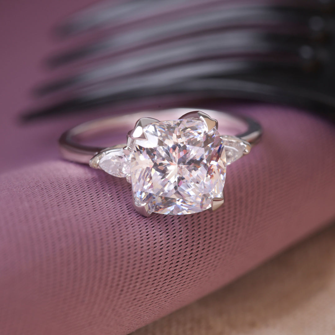 Cushion Cut Lab Grown Diamond Three Stone Engagement Ring