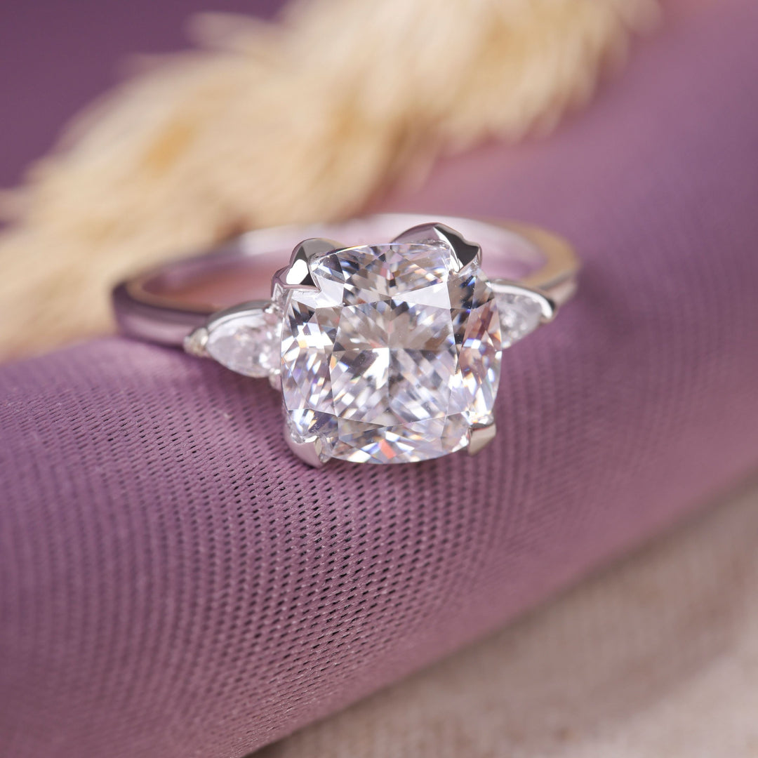 Cushion Cut Lab Grown Diamond Three Stone Engagement Ring