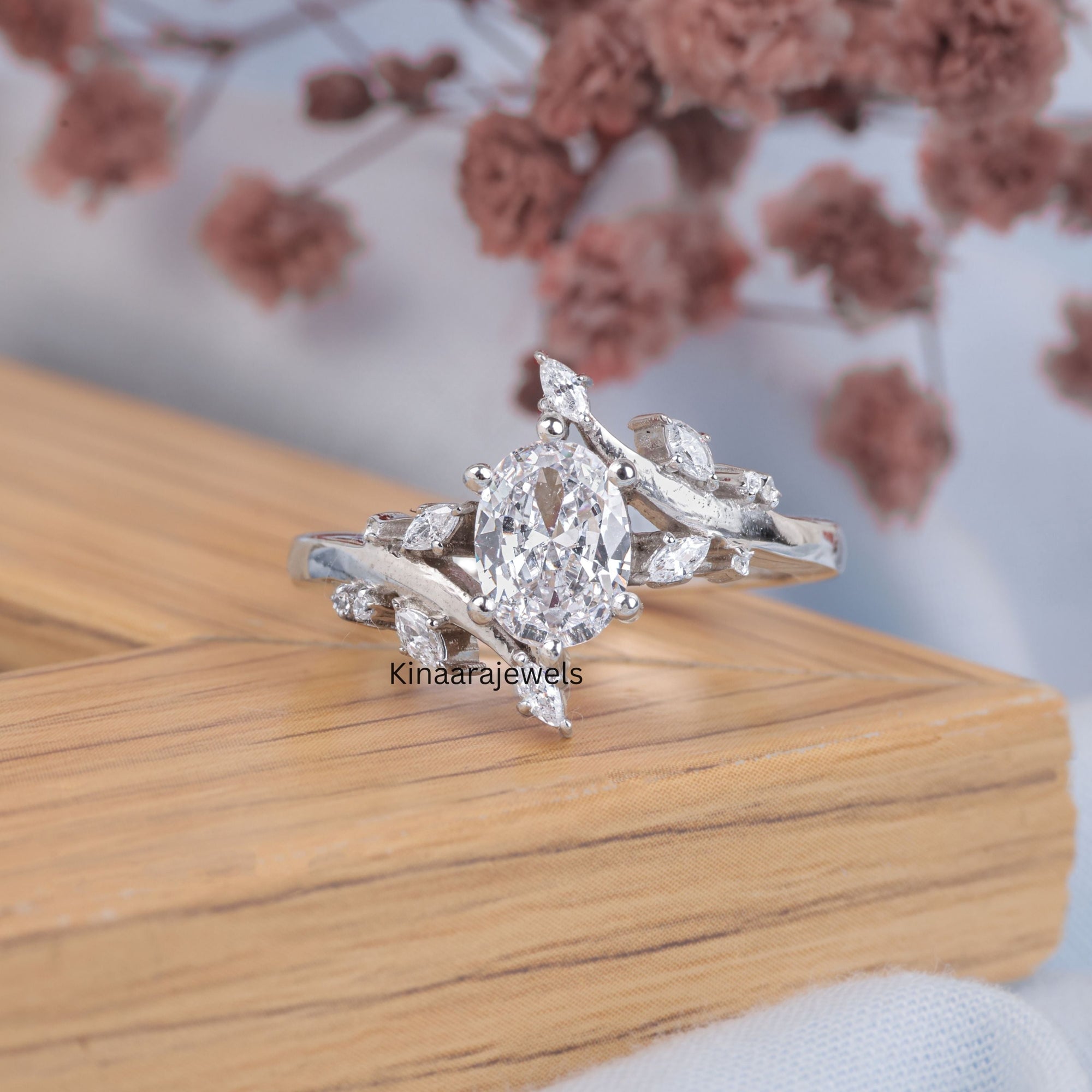 Vintage Oval Cut Lab Grown Diamond Leaf Bypass Engagement Ring