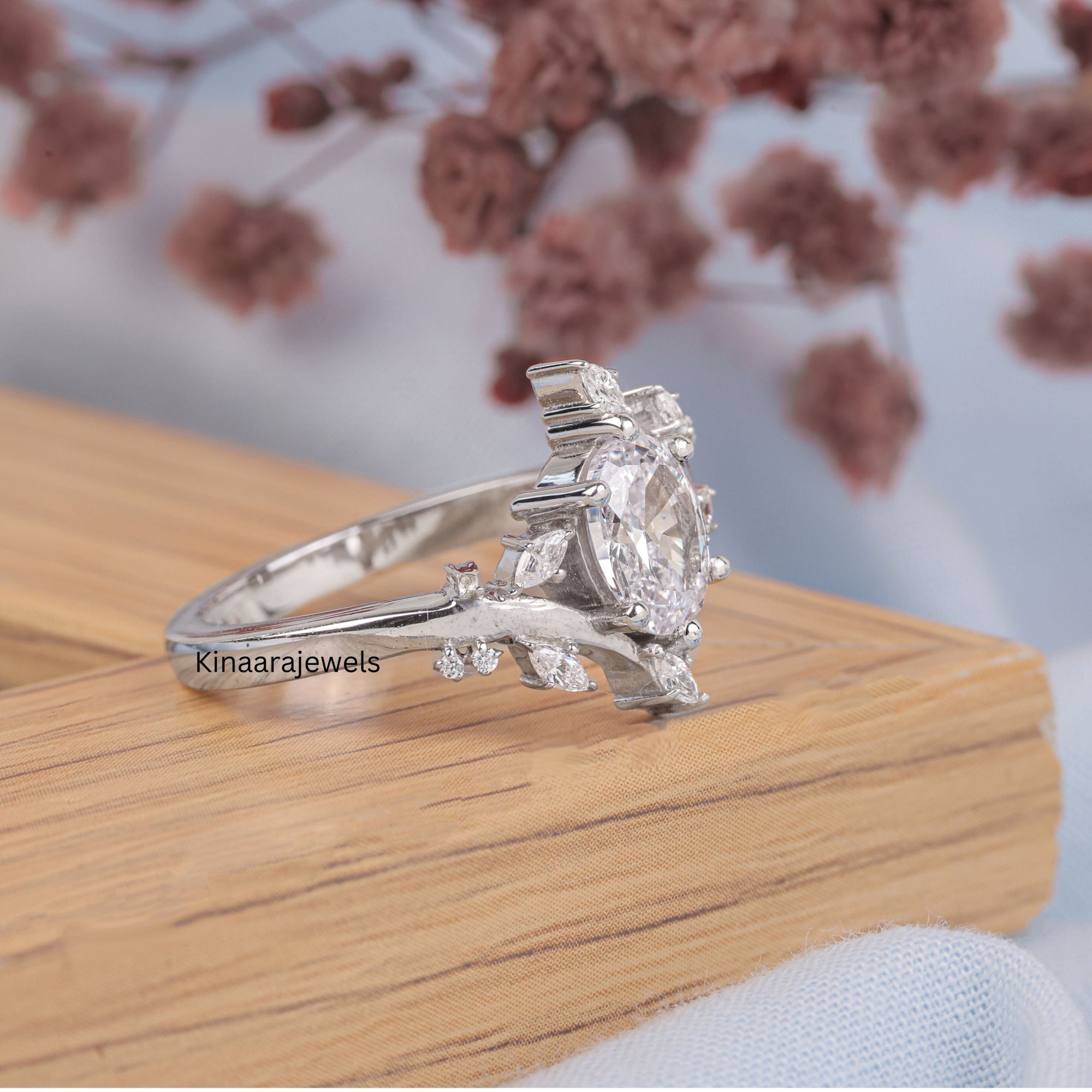 Vintage Oval Cut Diamond Leaf Bypass Engagement Ring - Kinaara Jewels
