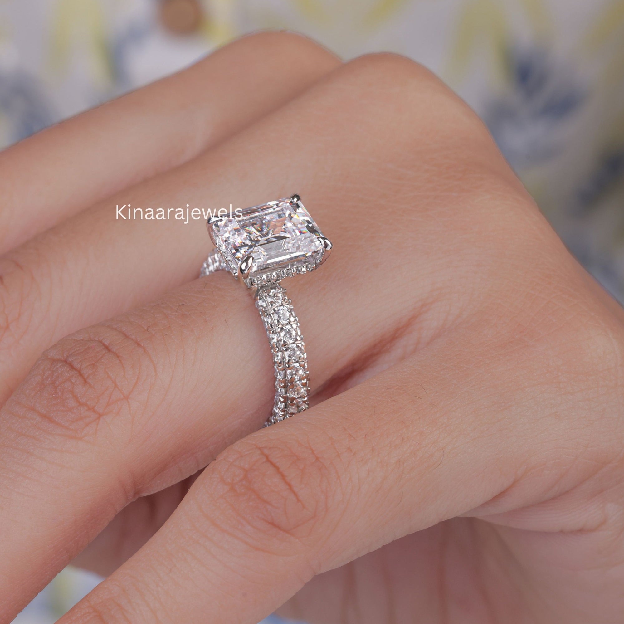 Emerald Cut Lab Grown Diamond Pave Set Ring 14K White Gold Ring for women11