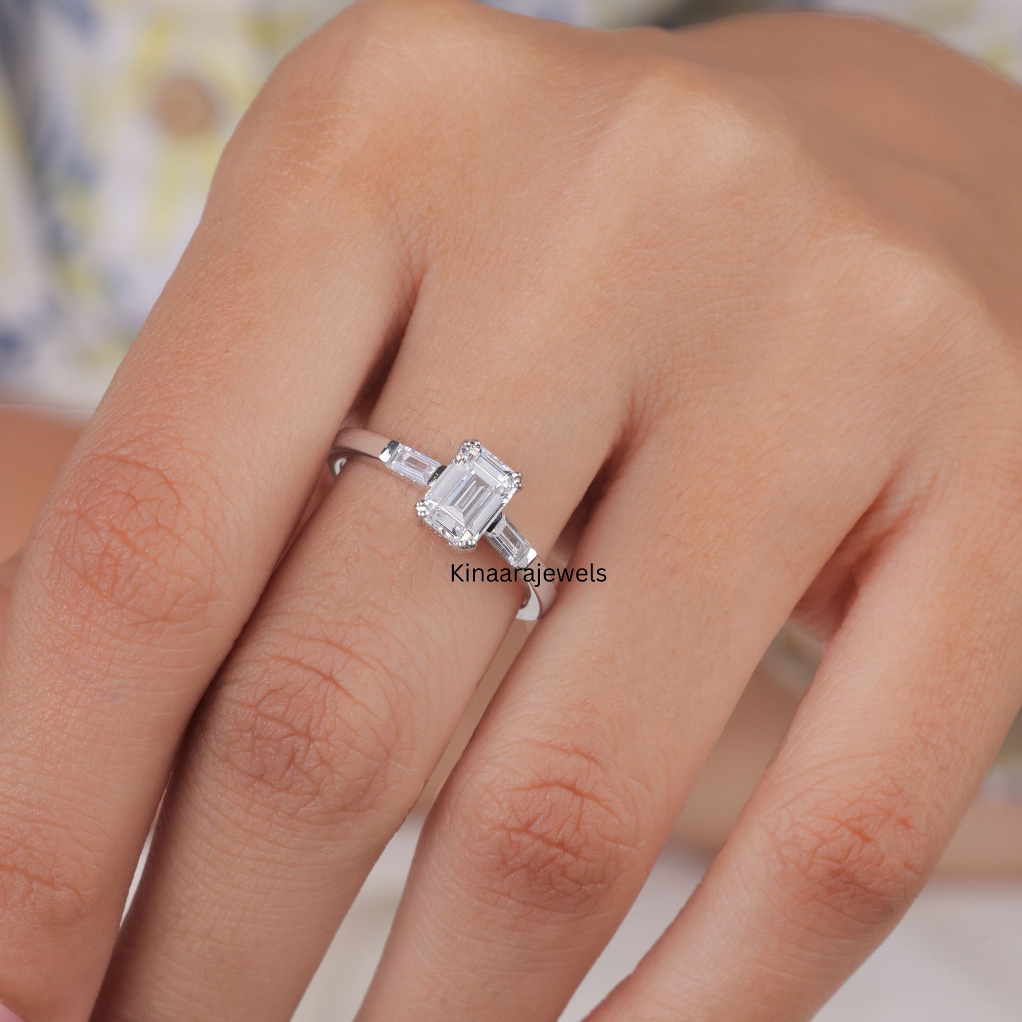 Emerald Cut Diamond Three Stone Engagement Ring - Kinaara Jewels2