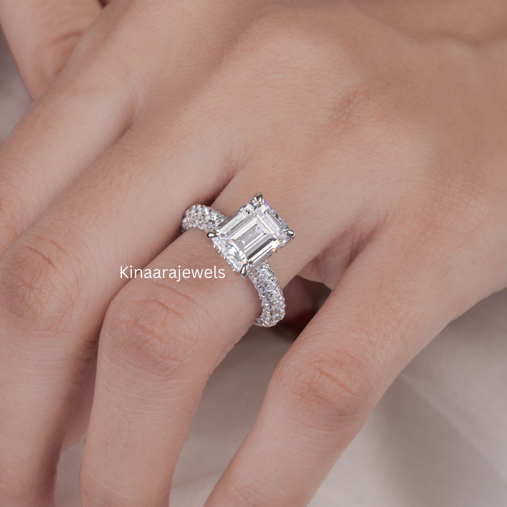 Emerald Cut Diamond Pave Set Ring 14K White Gold Ring - Kinaara Jewels1