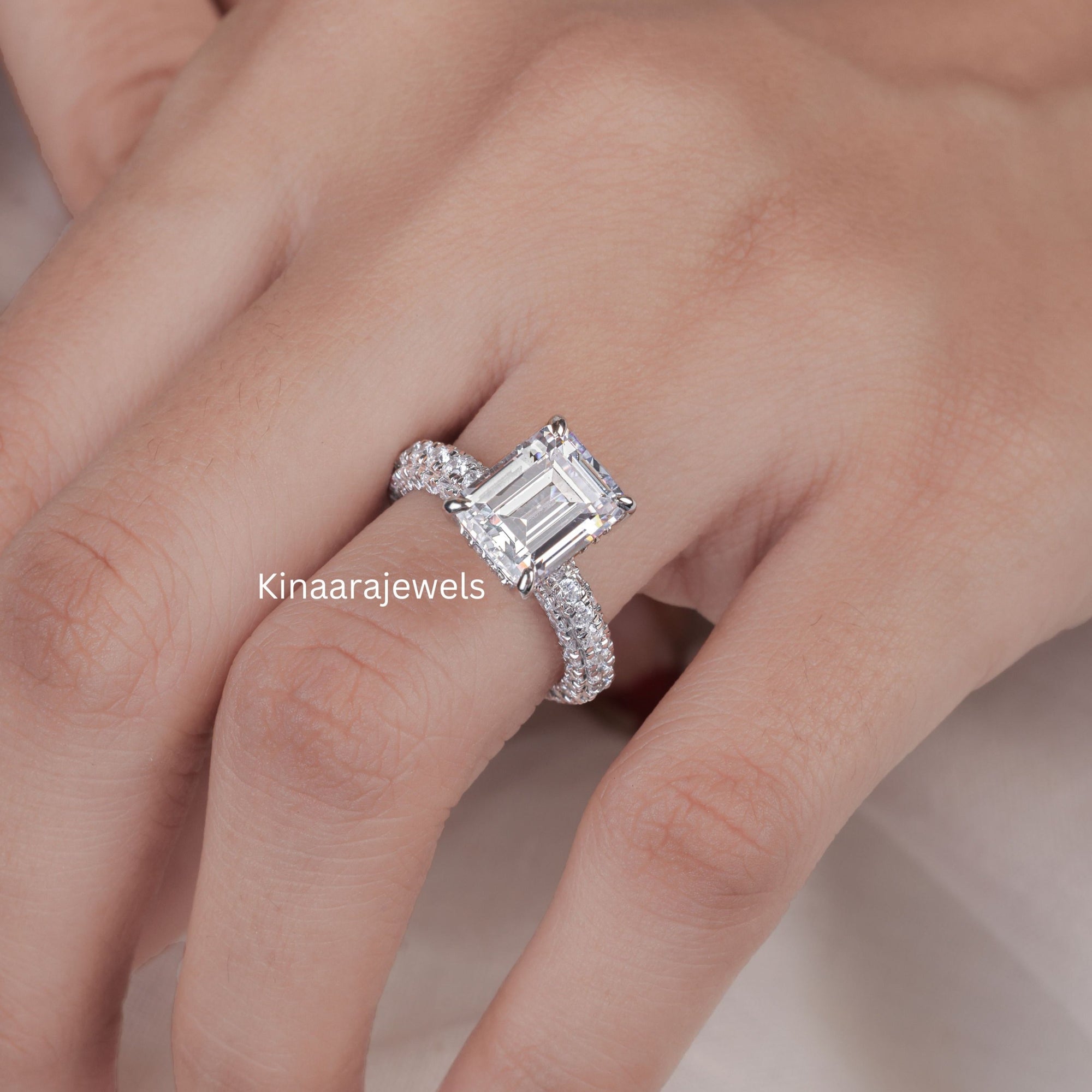 Emerald Cut Diamond Pave Set Ring 14K White Gold Ring - Kinaara Jewels1