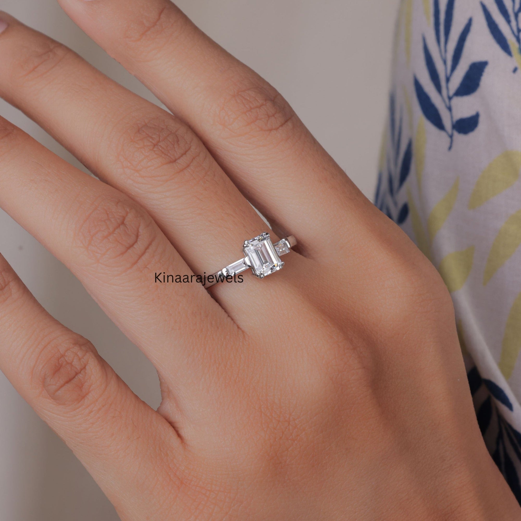 Emerald Cut Diamond Three Stone Engagement Ring - Kinaara Jewels3