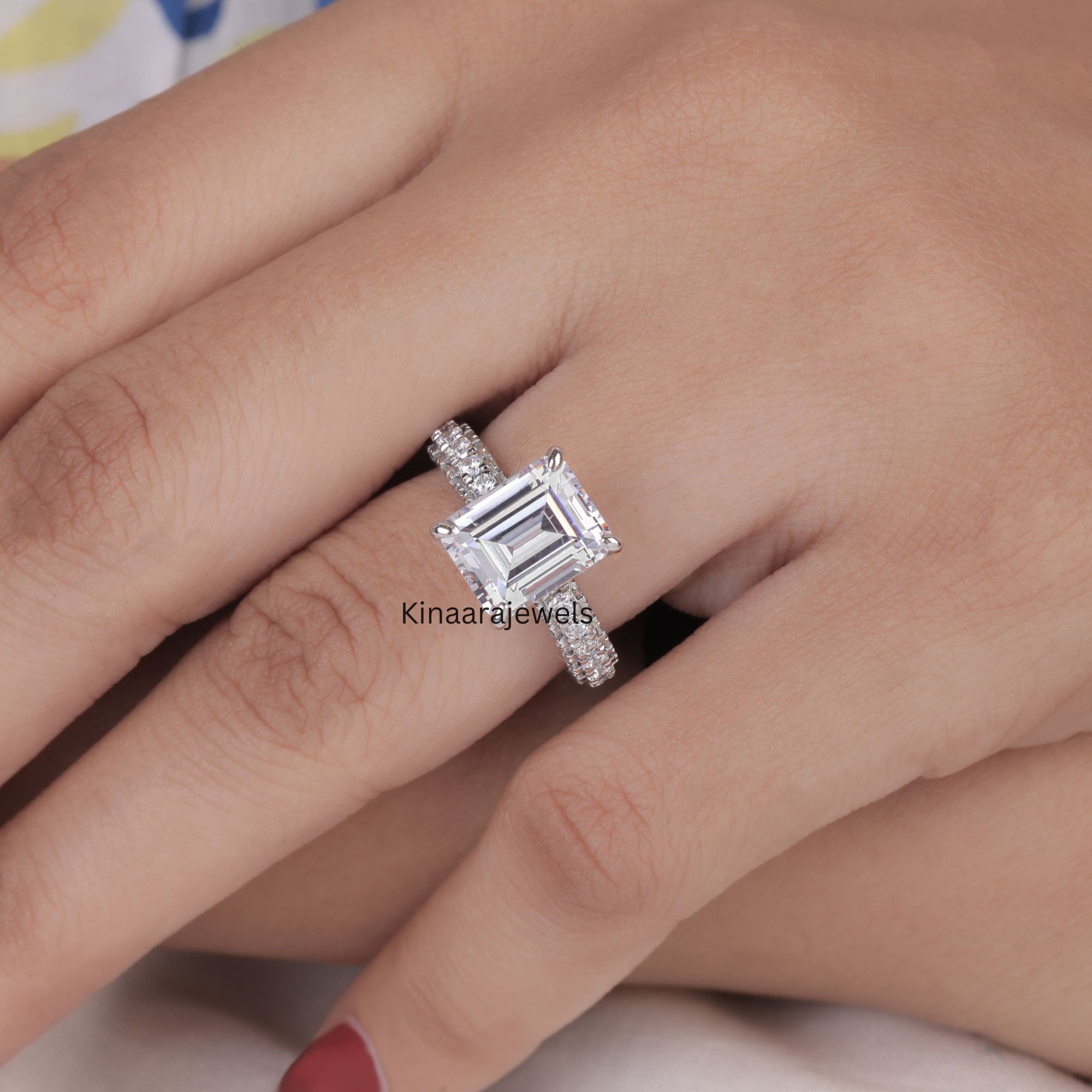 Emerald Cut Lab Grown Diamond Pave Set 14K White Gold Ring1