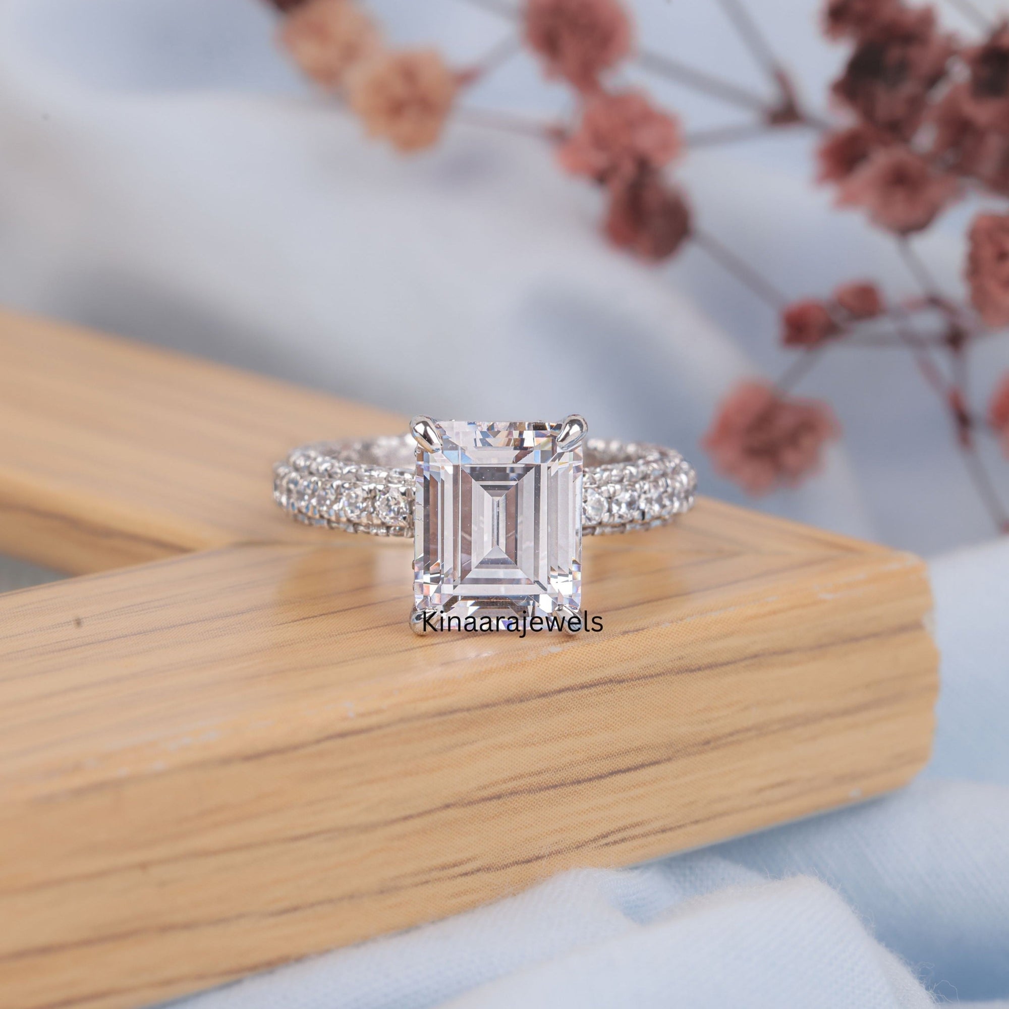 Emerald Cut Lab Grown Diamond Pave Set Ring 14K White Gold Ring for women