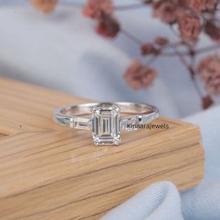 Emerald Cut Lab Created Diamond Three Stone Engagement Ring For Women