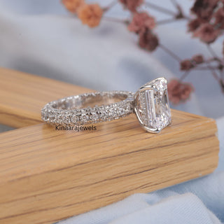 Emerald Cut Diamond Pave Set Ring 14K White Gold Ring - Kinaara Jewels