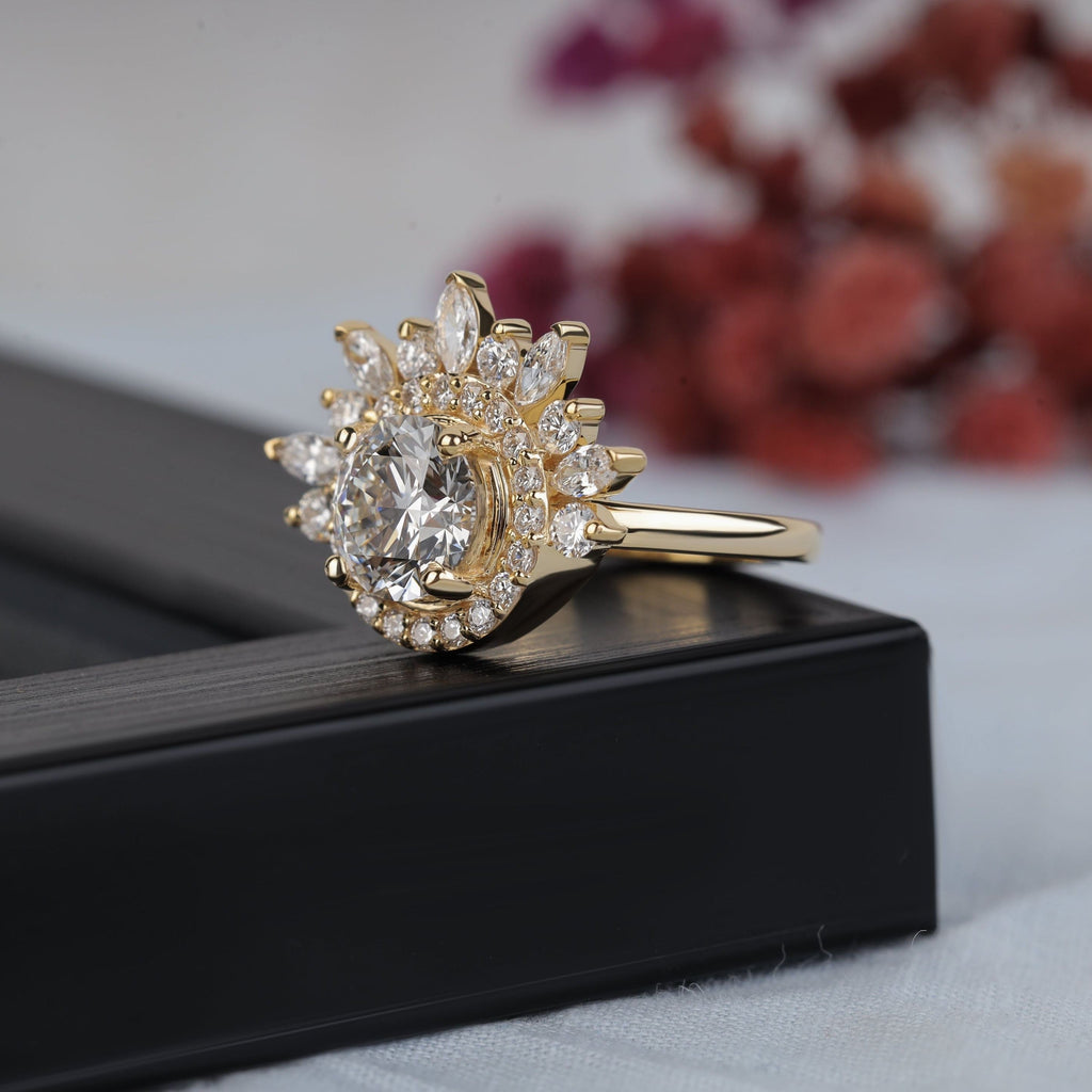 Sunburst Moissanite Halo Engagement Ring
