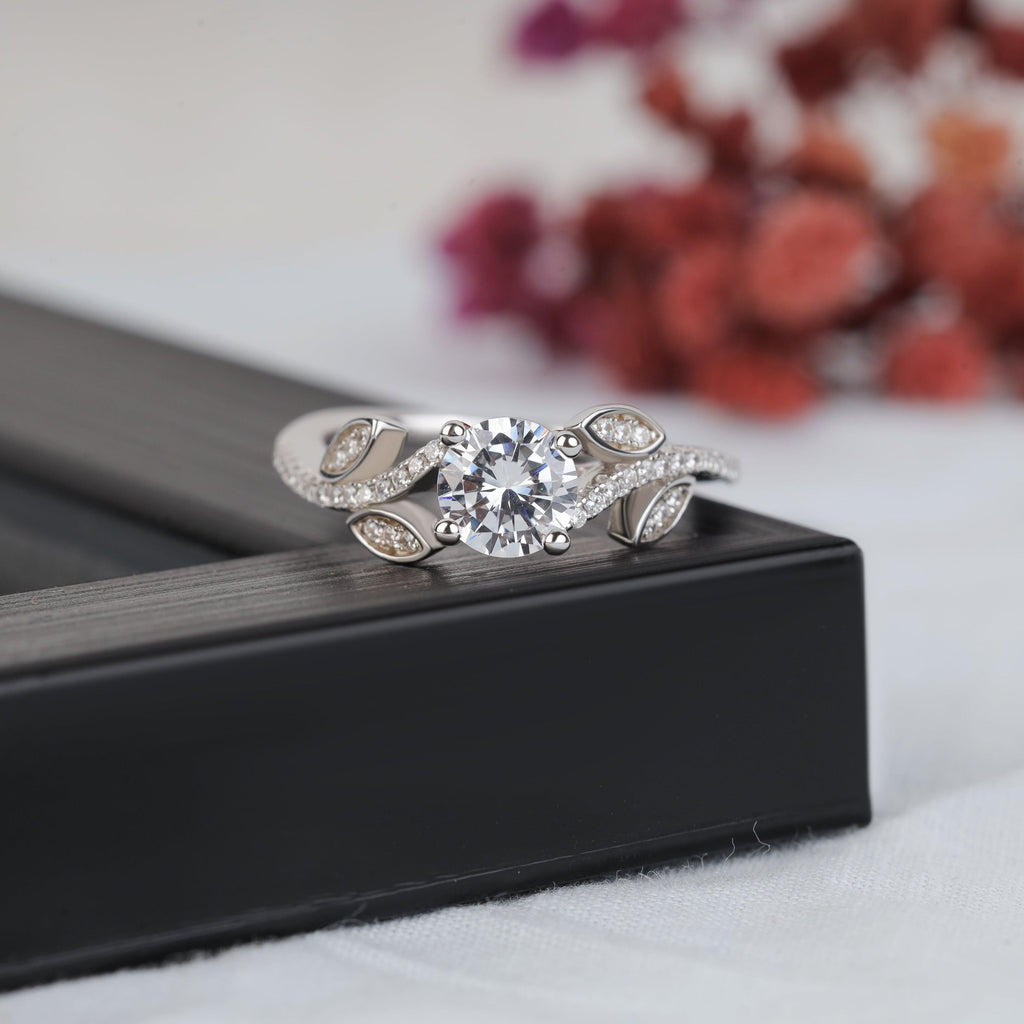 Round Cut Moissanite with Leaf Design Engagement Ring