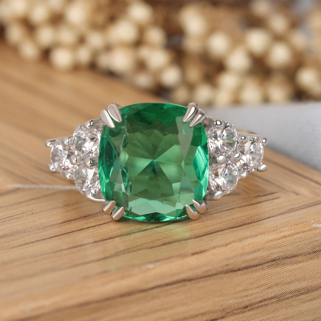 Cushion Cut Emerald Gemstone Ring, Green Emerald Ring