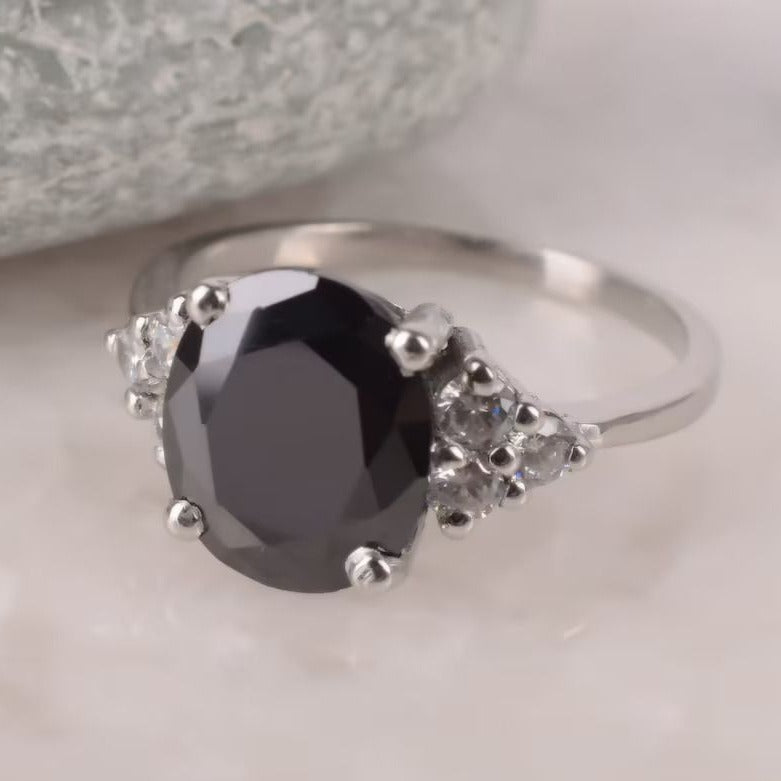 Oval Shaped Black Onyx Engagement Ring