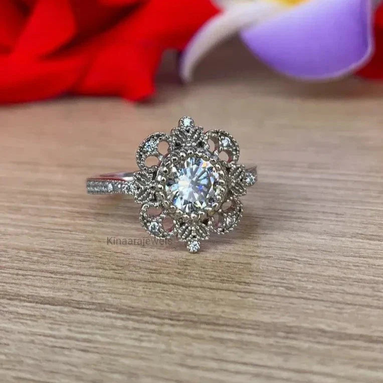 1Ct Round Cut Moissanite Vintage Style Filigree Engagement Ring - Kinaara Jewels3