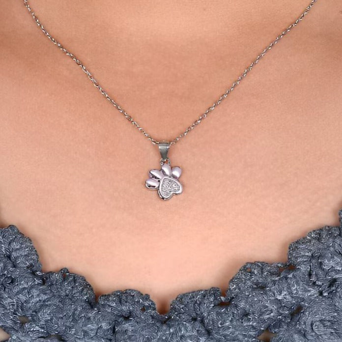 Lab Grown Diamond Dog Paw Print Silver Pendant Necklace