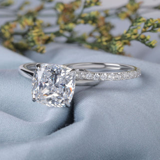 Half Eternity Band & Cushion Cut Moissanite hidden Halo Bridal Ring Set							