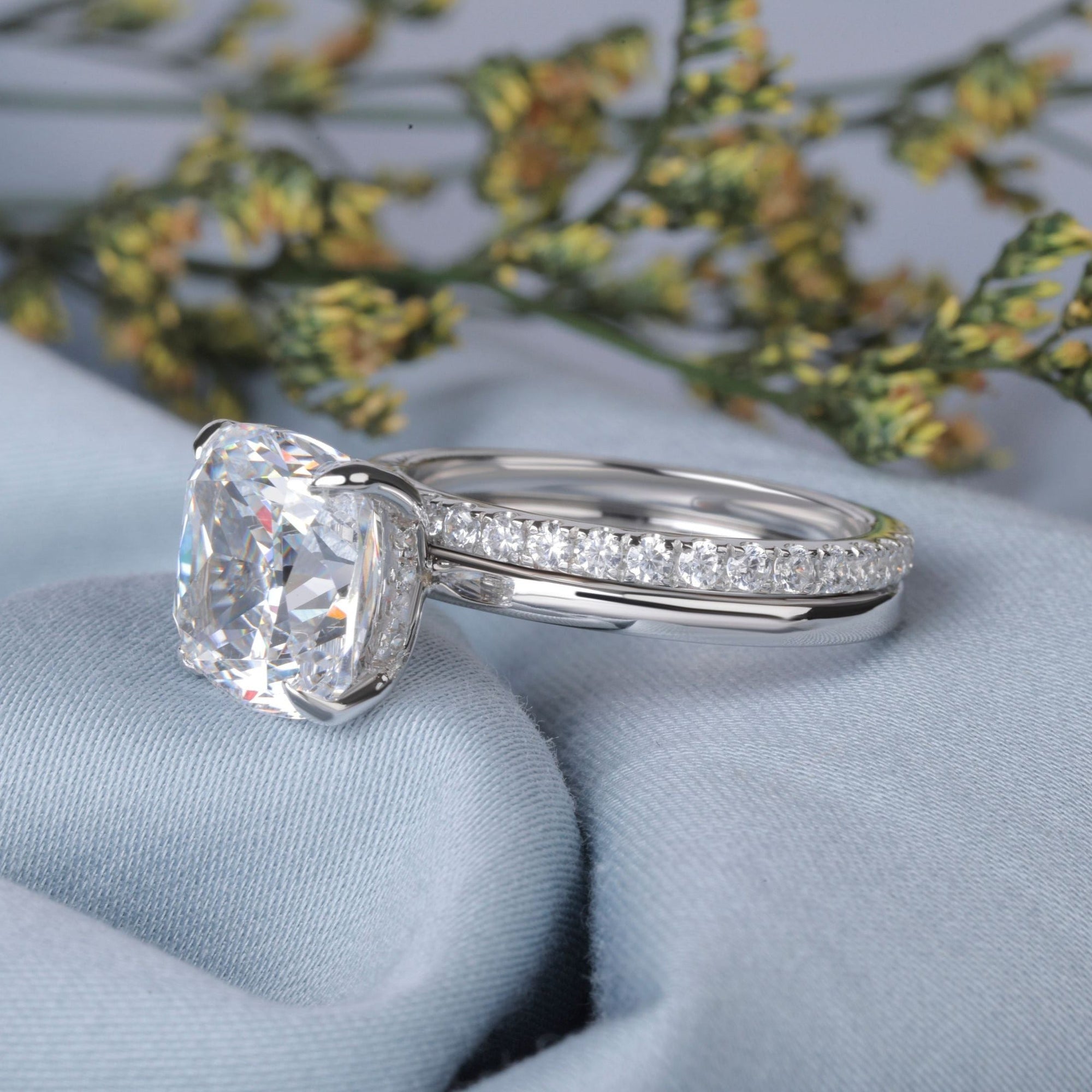 Half Eternity Band & Cushion Cut Moissanite hidden Halo Bridal Ring Set