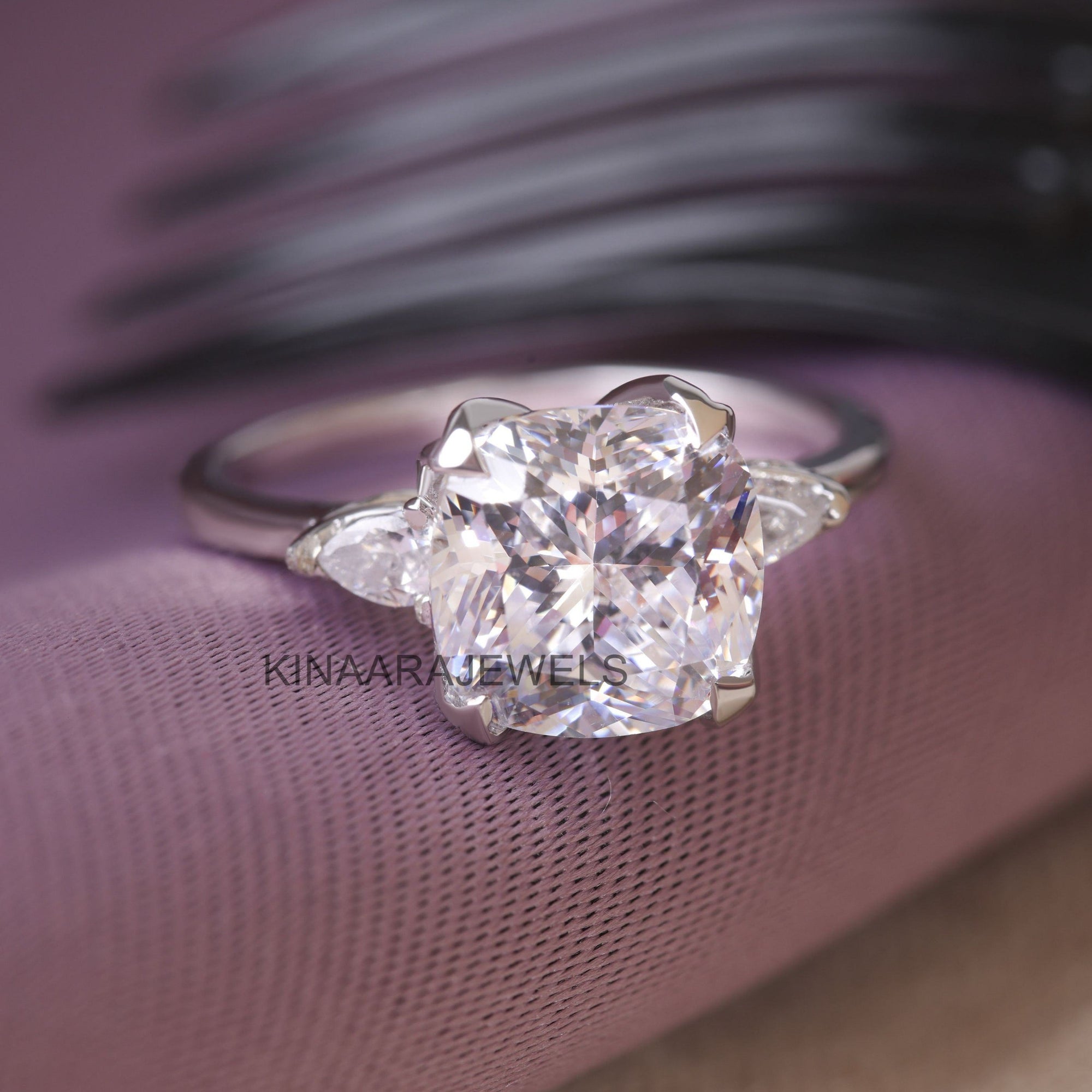 Cushion Cut with Pear Cut Moissanite Three Stones Engagement Ring