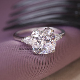 Cushion Cut with Pear Cut Moissanite Three Stones Engagement Ring