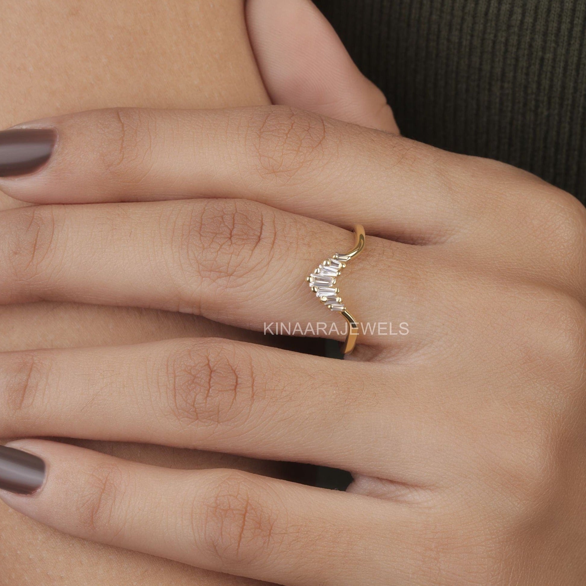 Gold Baguette and Tapered Cut V Shaped Chevron Wedding Band - Kinaara Jewels4