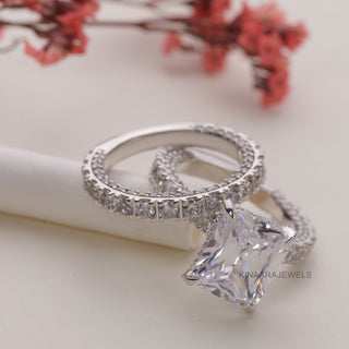 Radiant Moissanite Hidden Halo Ring With Half Eternity Band Bridal Set