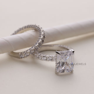 Radiant Moissanite Hidden Halo Ring With Half Eternity Band Bridal Set - Kinaara Jewels