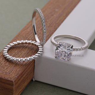 Cushion Cut Moissanite hidden Halo 14K White Gold Bridal Ring Set