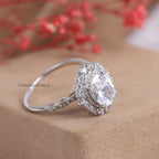 Vintage Oval Cut Lab Grown Diamond Halo Engagement Ring, 14K Solid White Gold Ring