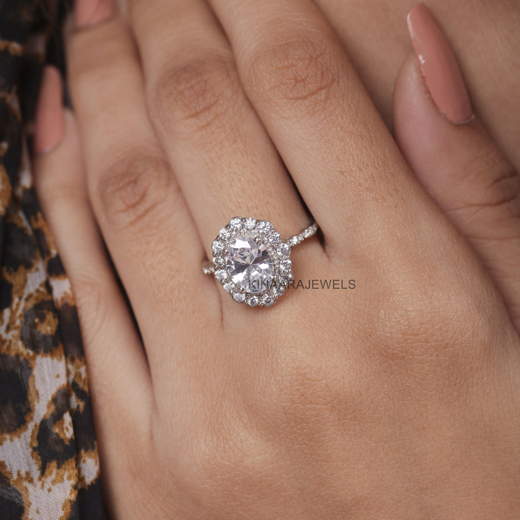 vintage oval cut lab grown diamond halo engagement ring
