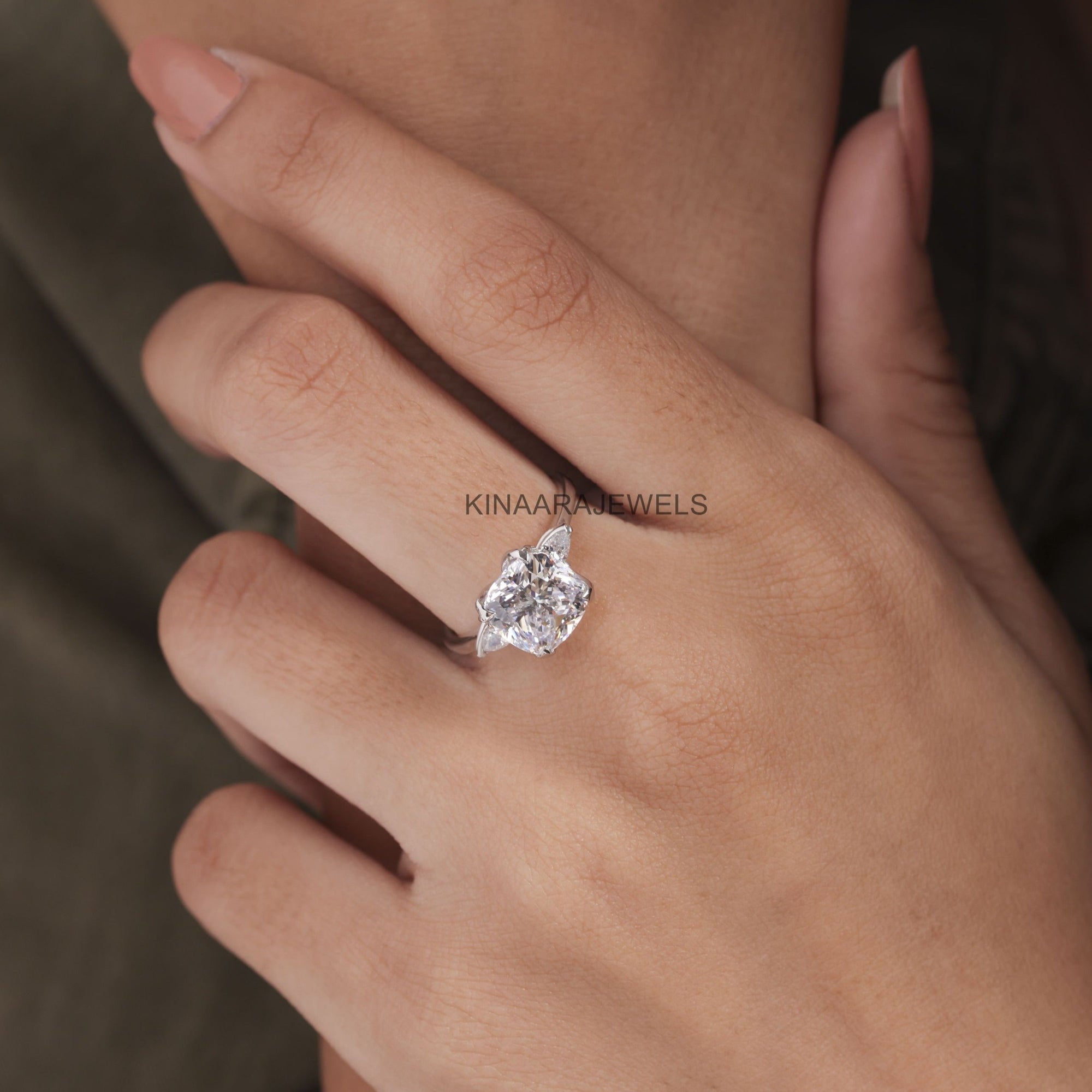 Three Stone Cushion and Pear Cut Lab Grown Diamond Ring6