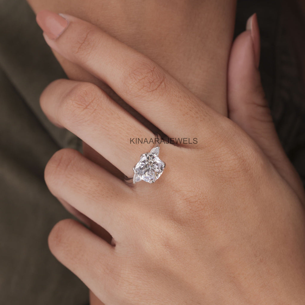 Three Stone Cushion and Pear Cut Lab Grown Diamond Ring6