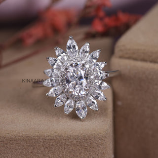 Vintage Style Sunburst Oval Cut Diamond Wedding Ring