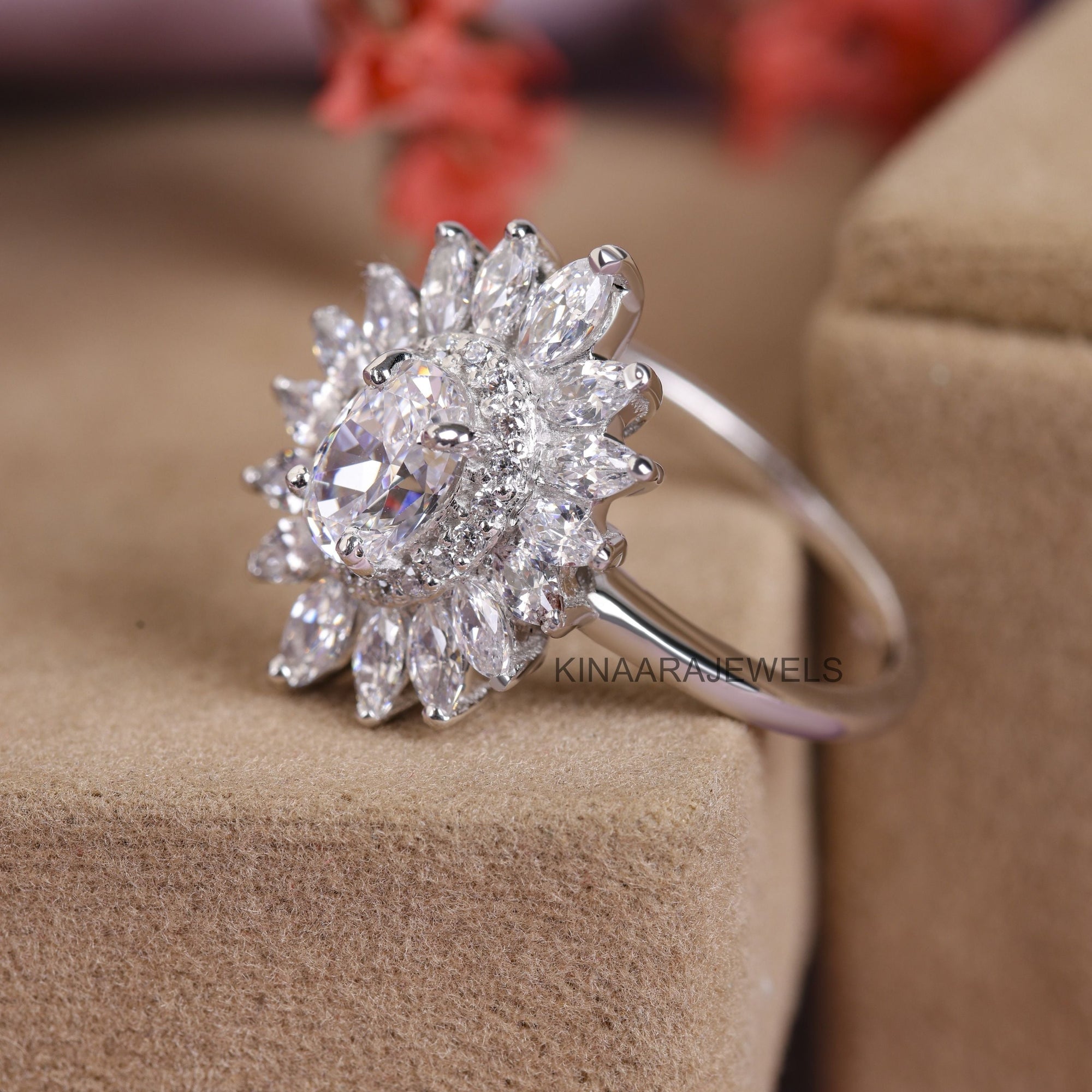 Vintage Style Sunburst Oval Cut Diamond Wedding Ring - Kinaara Jewels