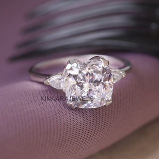 Three Stone Cushion and Pear Cut Lab Grown Diamond Engagement Ring