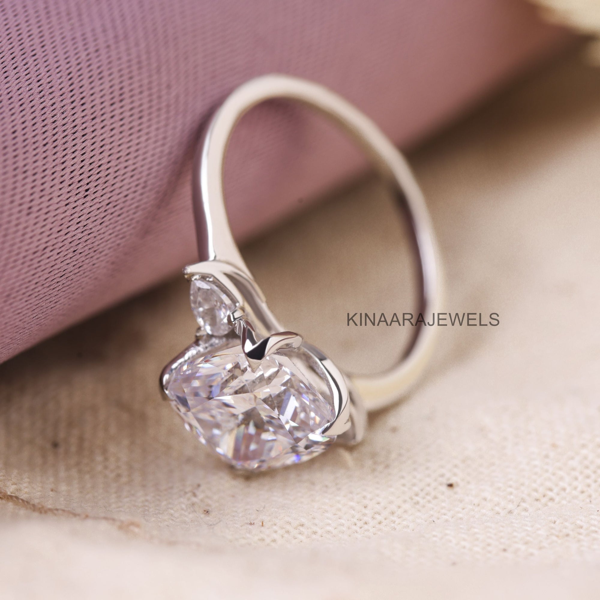 Three Stone Cushion and Pear Cut Lab Grown Diamond Engagement Ring1