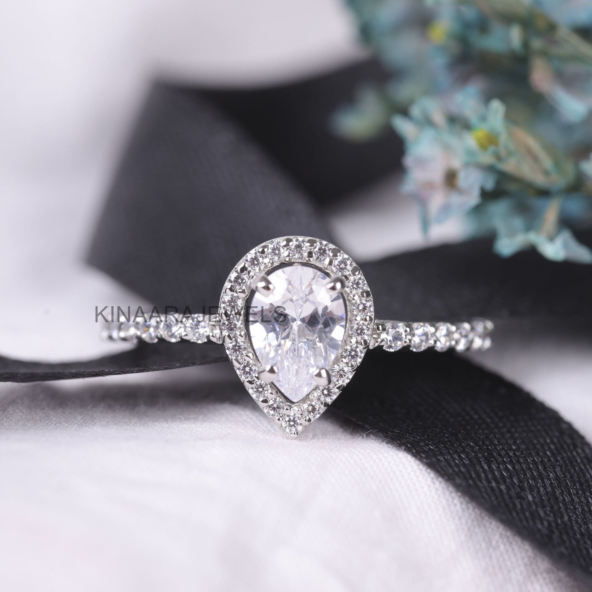 Pear Cut Lab Grown Diamond 14K Solid White Gold Halo Engagement Ring			