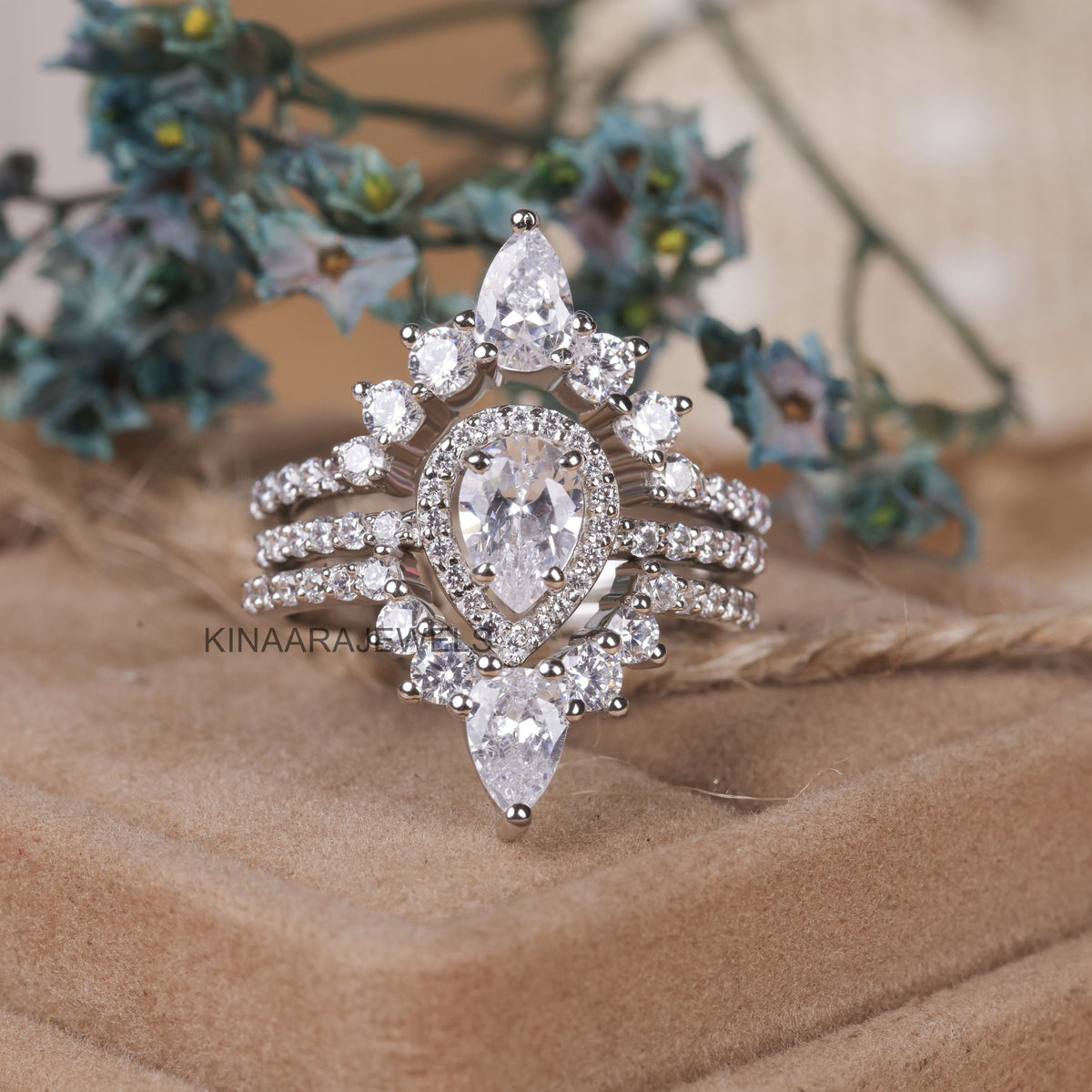 Teardrop Halo Bridal 3 Ring Set - Pear Cut Moissanite Ring - Alternative 2 V Shaped Chevron Moissanite ring								