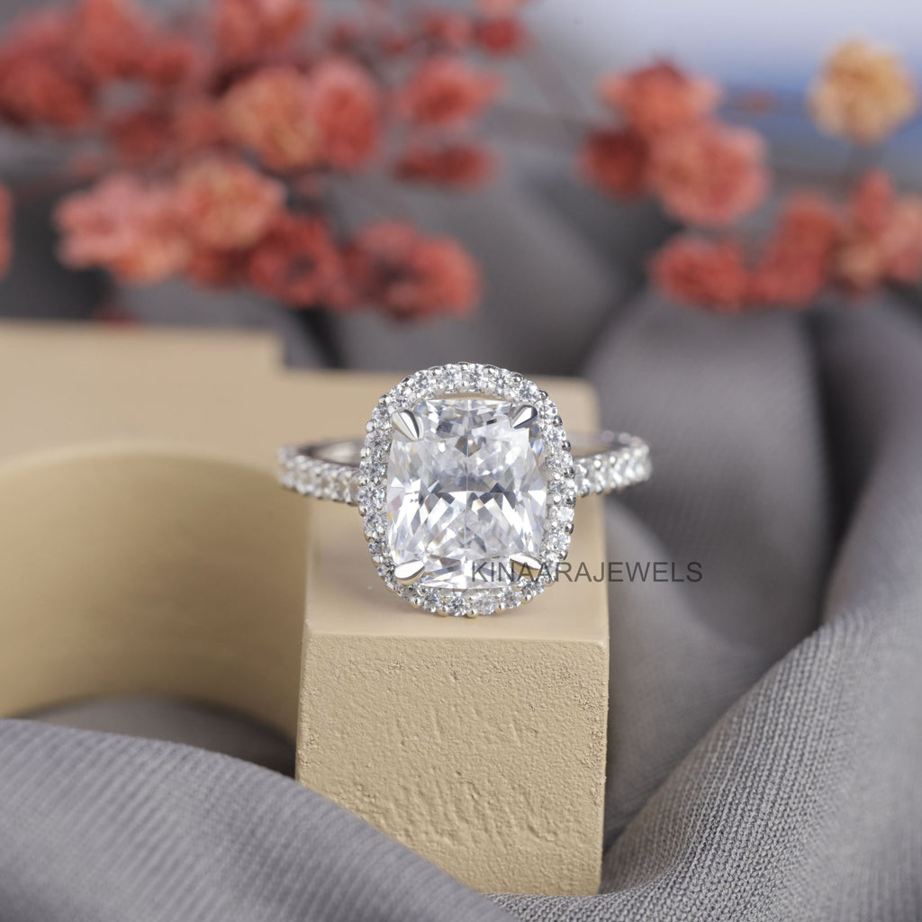 3 Ct Cushion Cut Lab Grown Diamond Hidden Halo Engagement Ring 