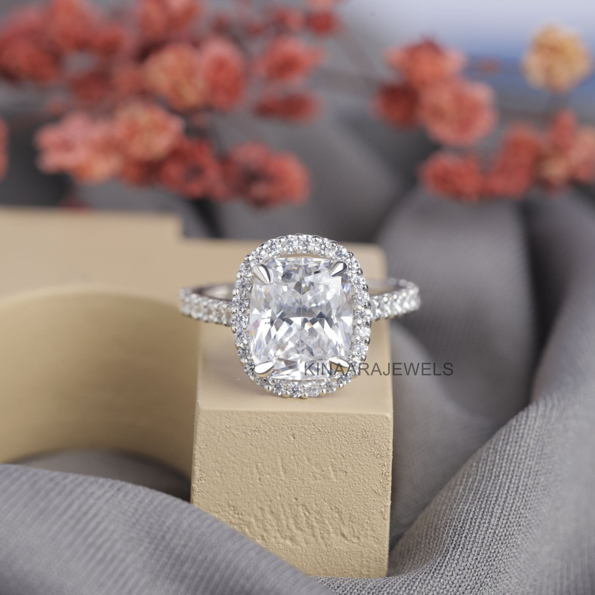 3 Ct Cushion Cut Lab Grown Diamond Hidden Halo Engagement Ring 