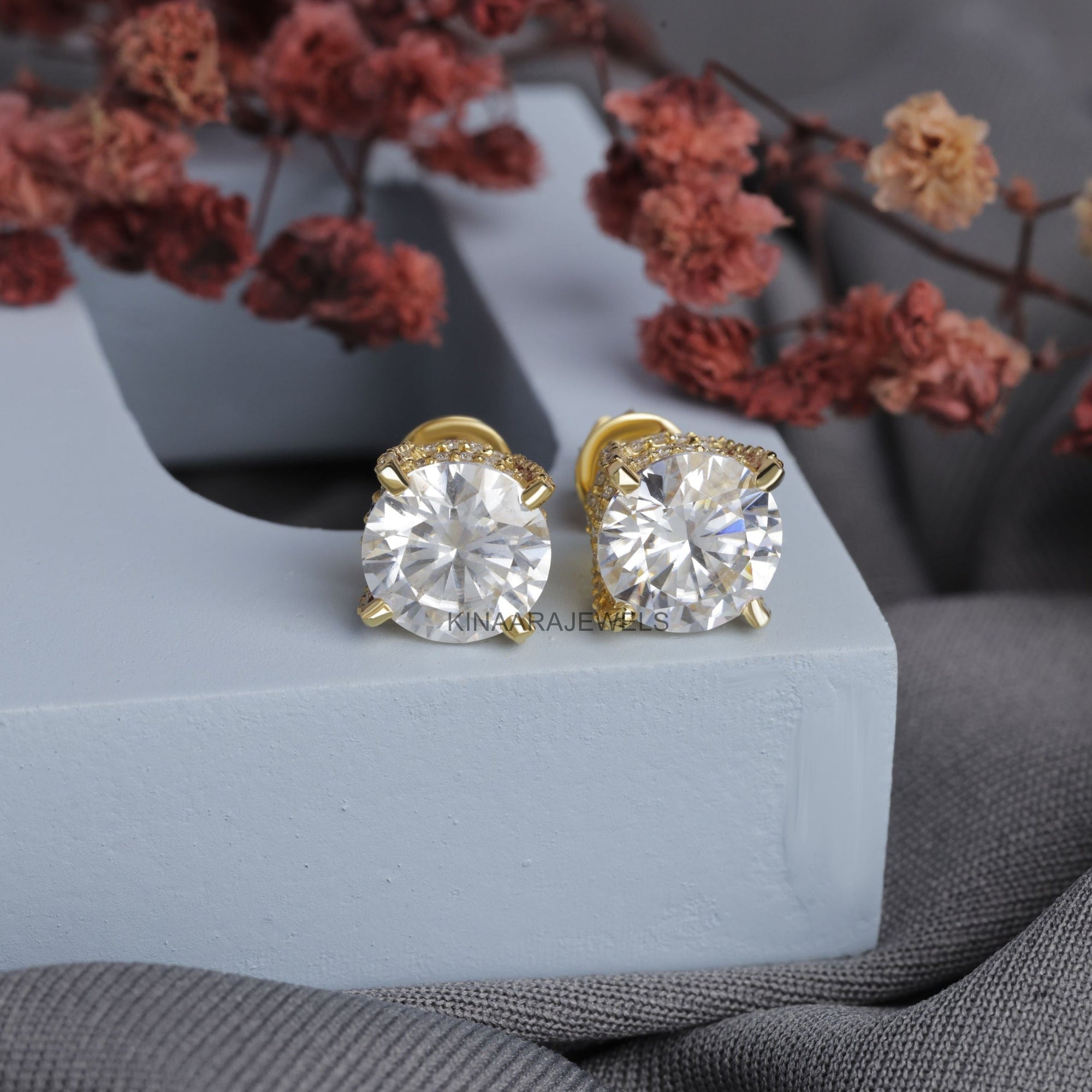 Round Cut Moissanite Hidden Halo Stud Earrings