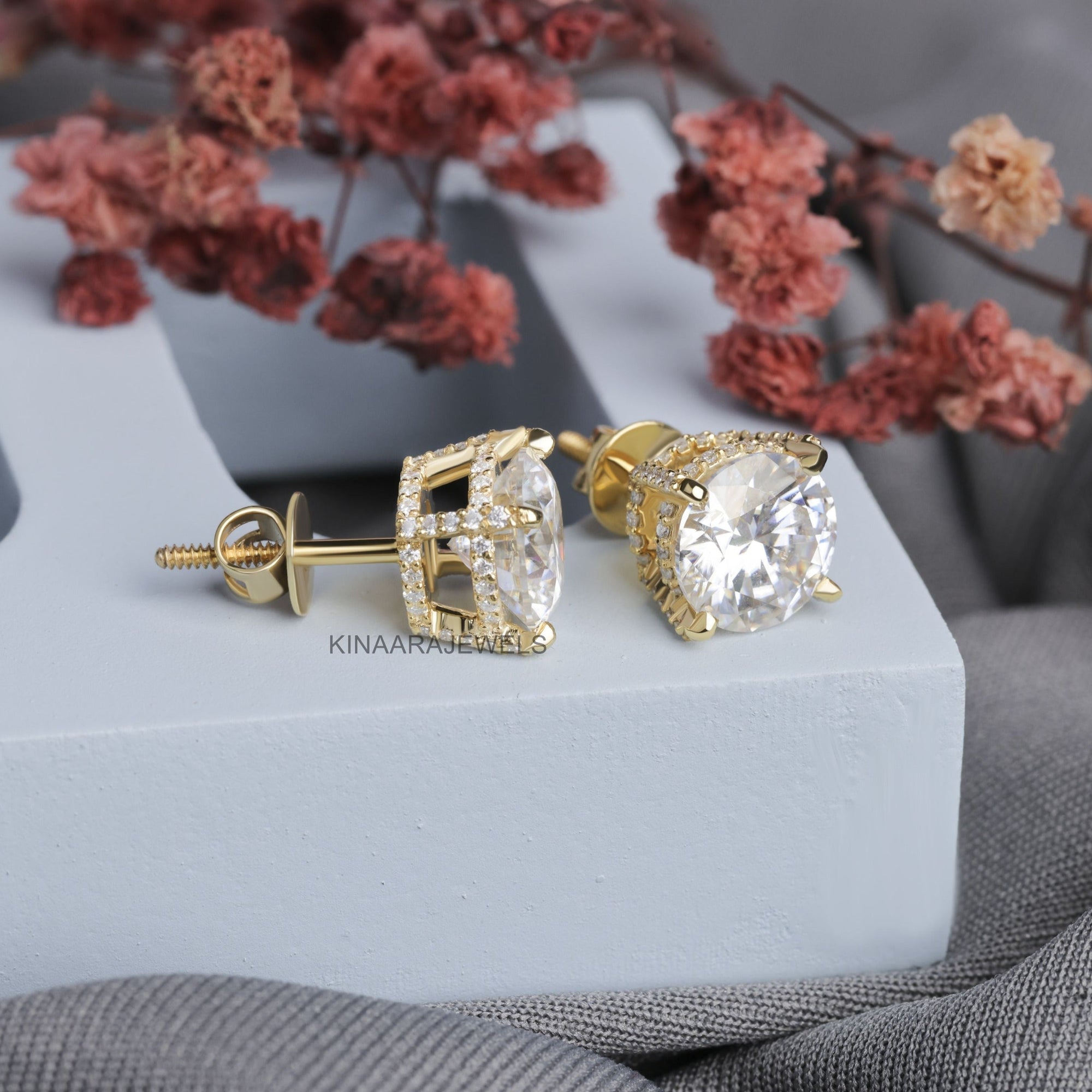 Round Cut Moissanite Hidden Halo Stud Earrings - Kinaara Jewels