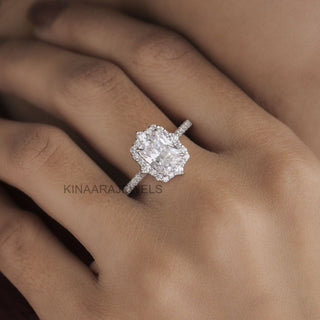 Radiant Cut Lab Created Diamond Halo Engagement Ring in 14K Solid White Gold