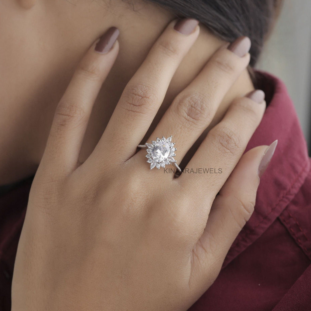 oval Lab Grown Diamond Sunburst Engagement Ring
