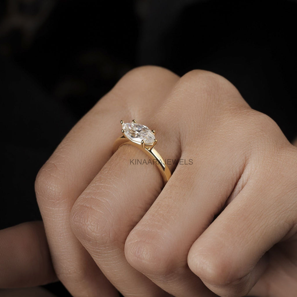 East West Marquise shaped Diamond Solitaire Engagement Ring - Kinaara Jewels