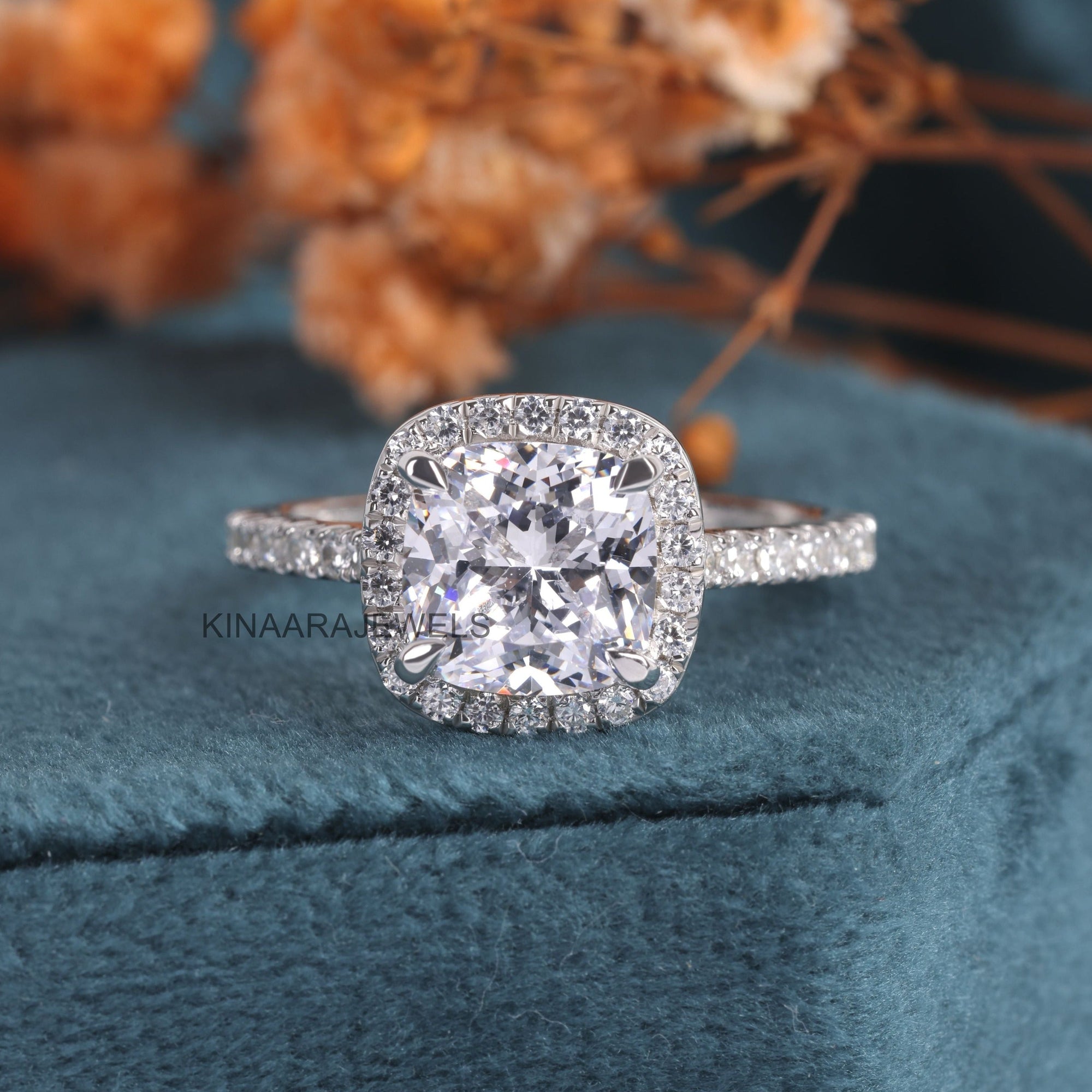2 Ct Cushion Cut Lab Grown Diamond Halo Engagement Ring, 10K-14K-18K Solid Gold Ring